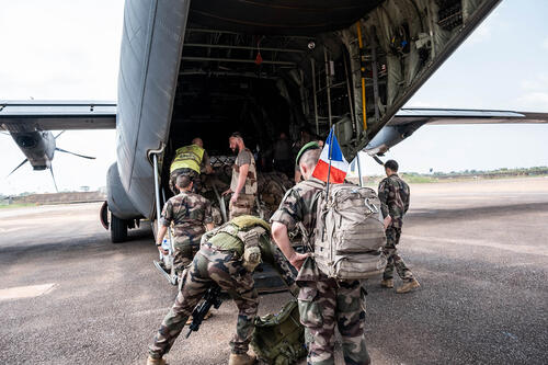The last of the French soldiers deployed in the Central African Republic board a cargo plane to leave the Bangui airport on Dec. 15, 2022. BARBARA DEBOUT/AFP VIA GETTY IMAGES