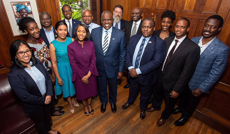 President Masisi and First Lady Neo Jane Masisi (in purple) met with a variety of Yale faculty and students during their June 6 visit.