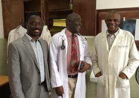 Yale’s Dr. Onyema Ogbuagu (left) with Dr. Ssentamu, acting chair of Medicine at JFK Medical Center in Liberia (middle), and Dr. Joseph Njoh, senior faculty in Department of Medicine (right).